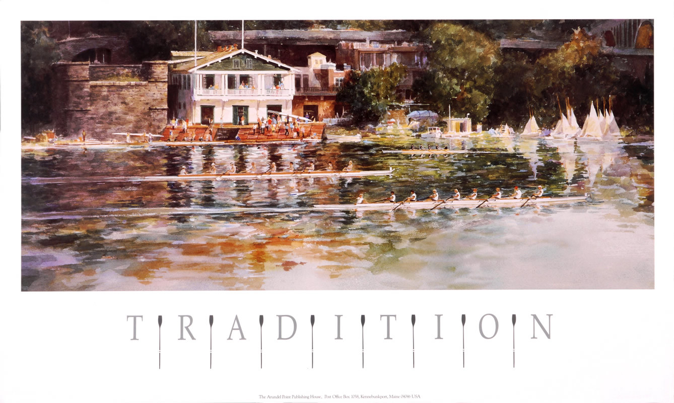 Teams of sweep boat rowers pass in front of a boat house; green, white, red, gray