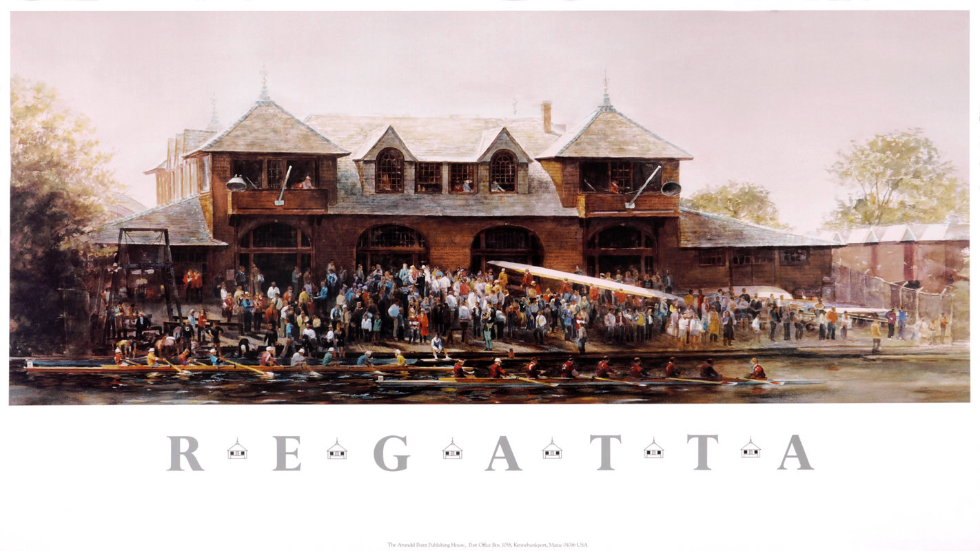 Crowds of people at the Harvard Boat House watch a sweep boat race; brown, gray, white