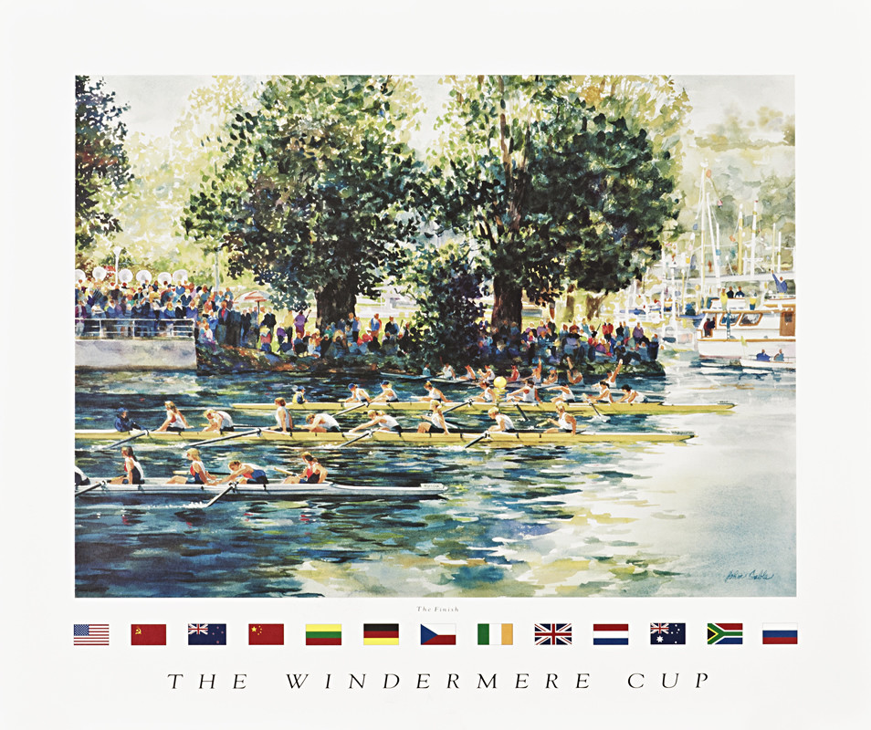 Teams of rowers pass by a crowd of people on shore; blue, green, white