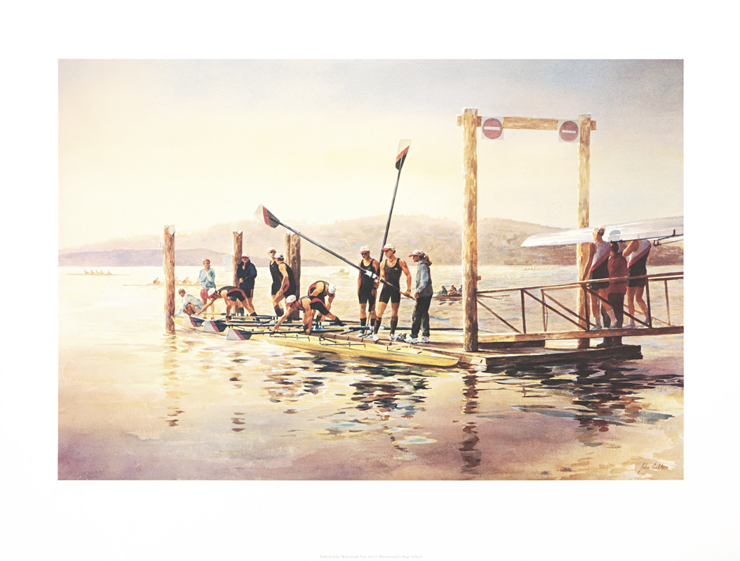 Crew prepares an eight-person sweep boat on pier at dawn; black, yellow, purple