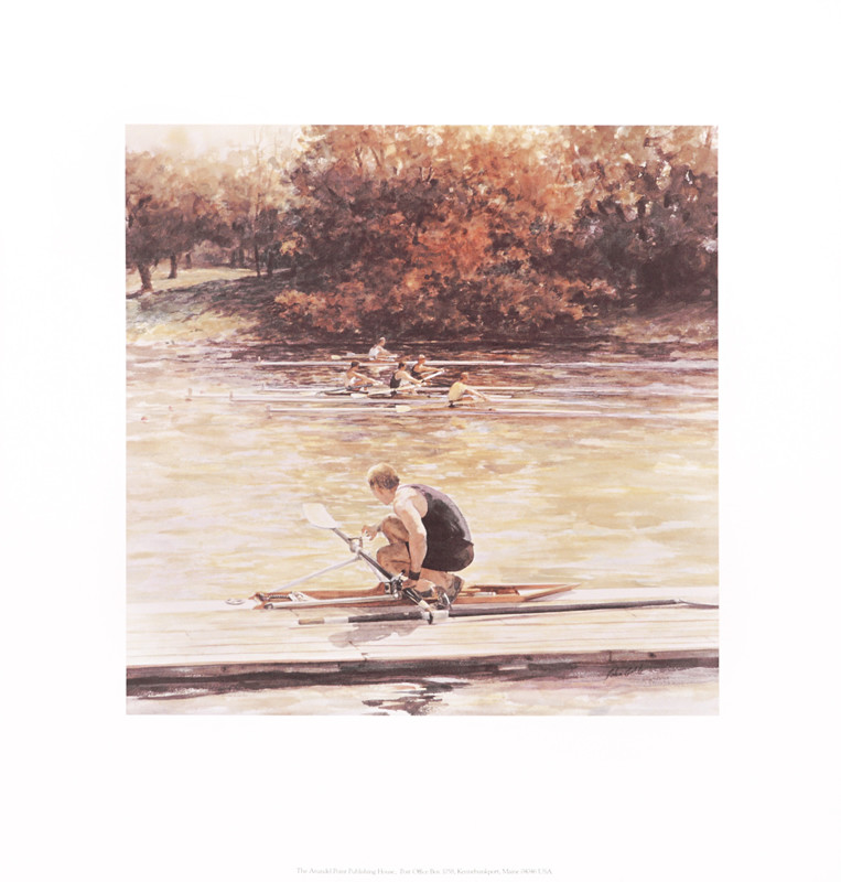 Rower fits oars into single scull near pier while others row in background; brown, yellow, red