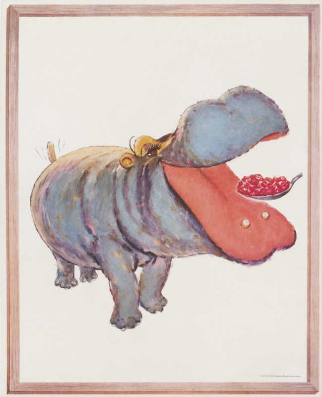 hippo opens mouth for jello; gray, red