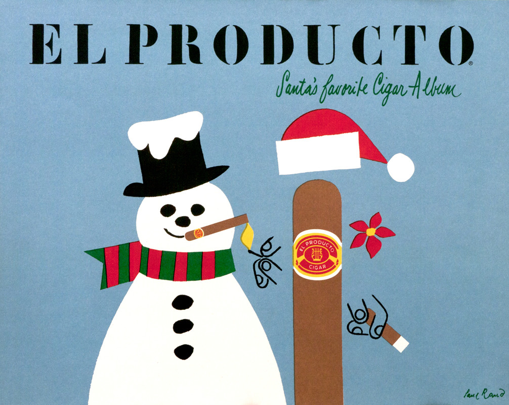 Cigar dressed as Santa lights cigar for snowman; blue, red, green