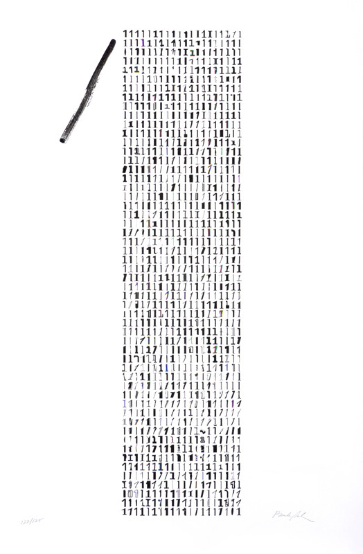Number 1 made of rows of smaller 1's; black, white, blue, red, yellow