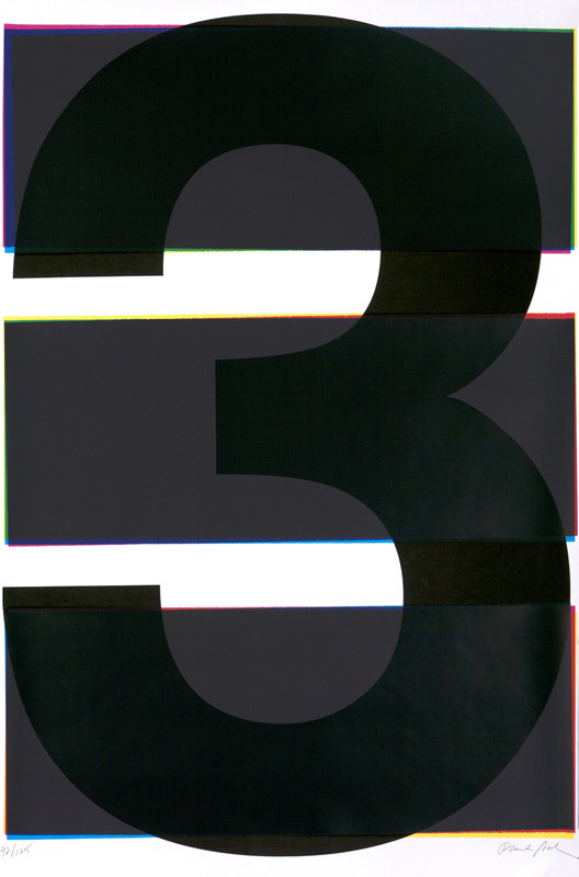 Number 3 with three bands over it; black, white, yellow, blue, pink