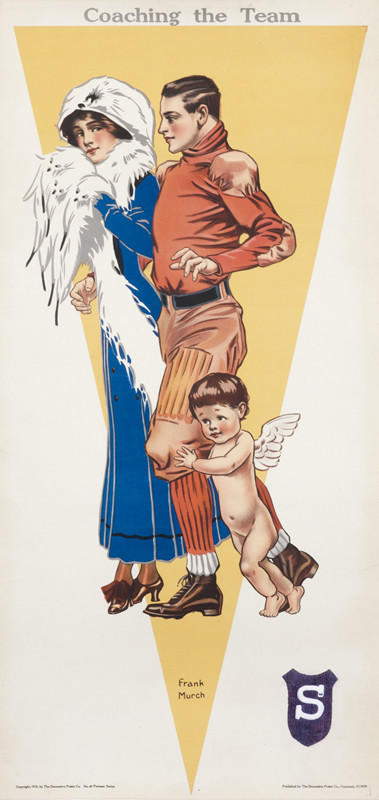 Well-dressed woman and football player put together by cupid; yellow, white, blue