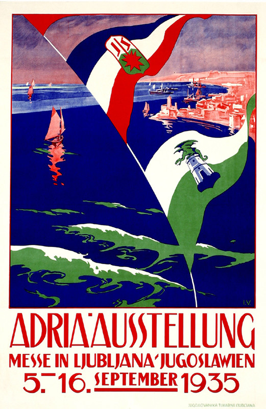 Flags and view of boat and coastal town; green, blue, red