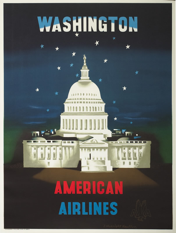 Capitol building, starry night sky; blue, brown, red, white