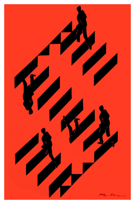 Men ascending and descending stairs creates "S" shape; black, red