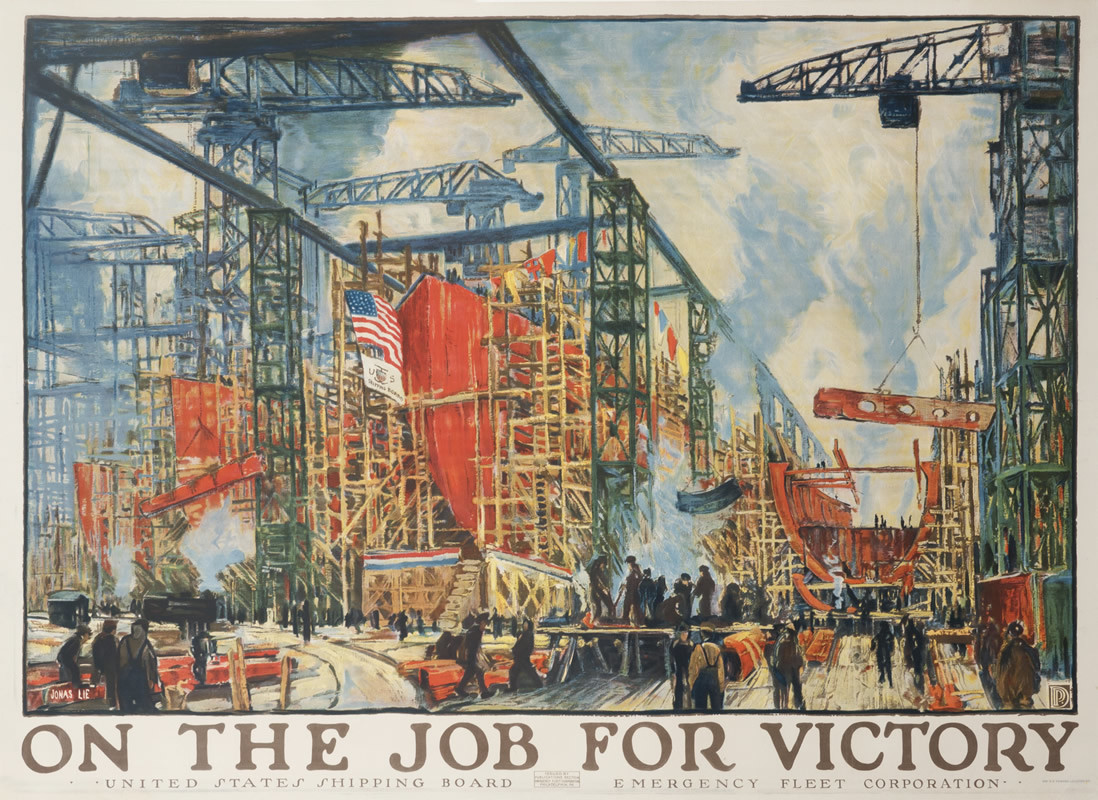Grand view of bustling American ship yard in WWI