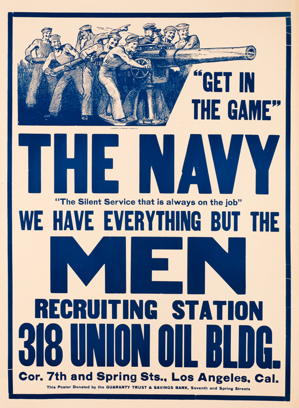 Navy gunners with anti-aircraft gun recruiting poster; blue