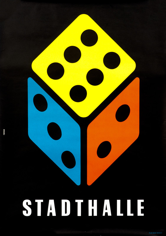 Three sides of a dice above text; black, blue, yellow, orange, white