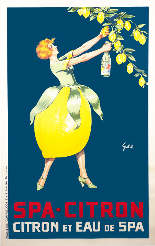 Woman wearing lemon dress squeezes lemons into bottle; blue, yellow, green