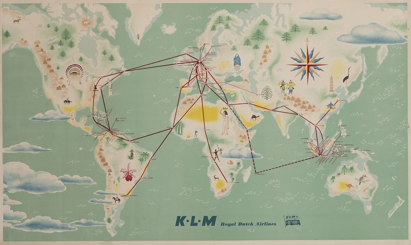 Map of the world showing routes flown by KLM airlines, sketches of regions; blue, white