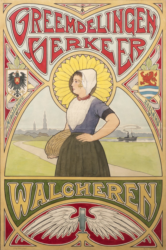 Woman with basket in front of waterway; red, yellow, green, blue