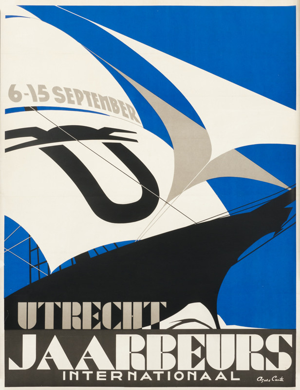 Ship with white sails; black, blue, white