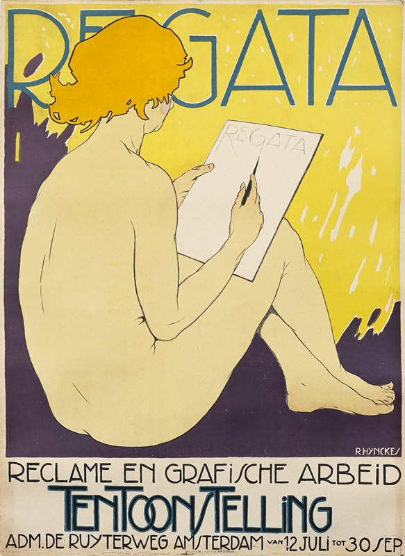 Rear view of nude woman wirting on tablet with pen; yellow, purple, beige,