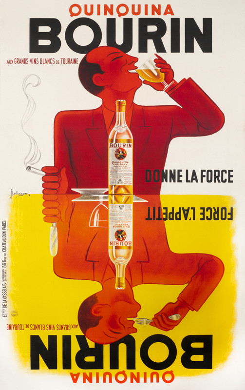 Double scene of man eating and drinking; white, red, yellow, black