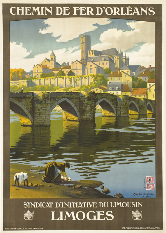 Woman at river's edge, bridge and city behind; gray, green, blue