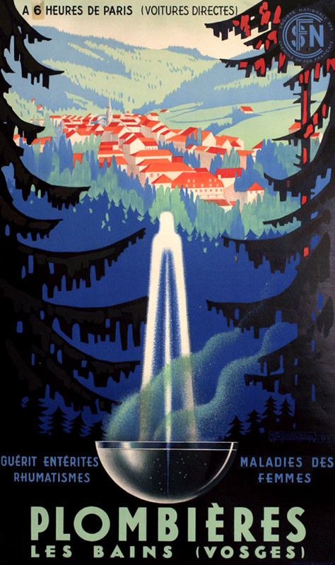 Water fountain of spa in foreground, mountain resort behind; blue, pink