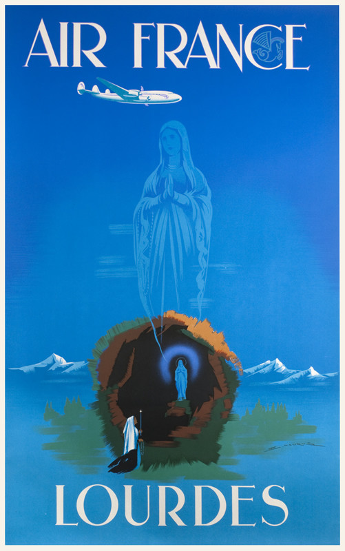 Nun prays in front of Virgin Mary shrine at Lourdes, vision of Mary hovers above, airplane; blue, green, brown