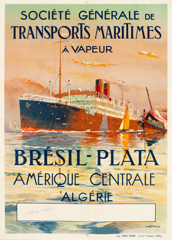 Ocean liner Mendoza in Algerian port; yellow, blue, red, pastel