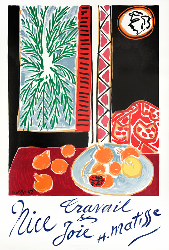 Matisse still life with fruit in front of open window; black, green, red, orange