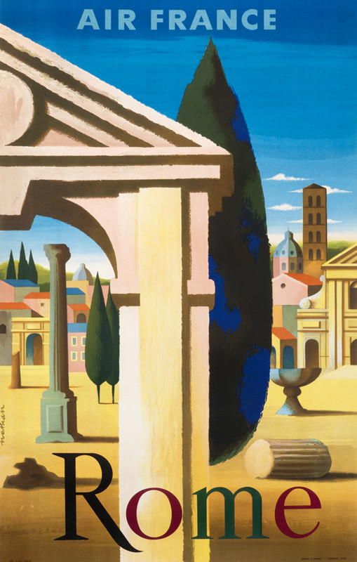 Roman temple fragment and tree in foreground, city scene in background; blue, cream, green