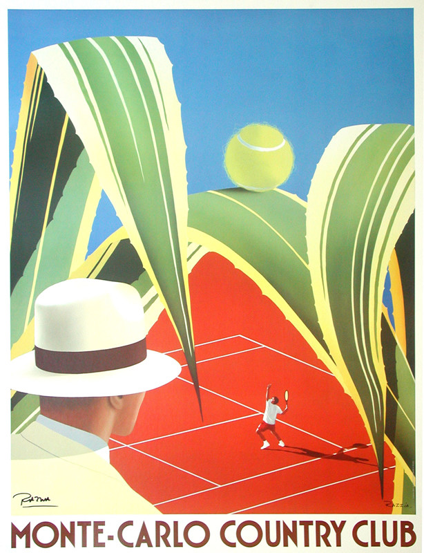 man in hat watches tennis player; orange, green, yellow, blue