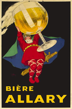 Fat man with sword holds up giant beer glass 