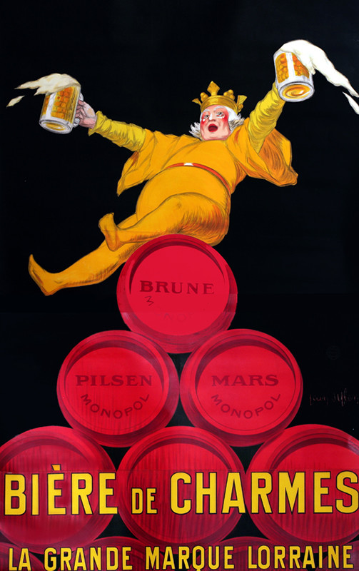 Jovial king sits atop beer cork barrels with an overflowing pint in each hand; red, black, yellow