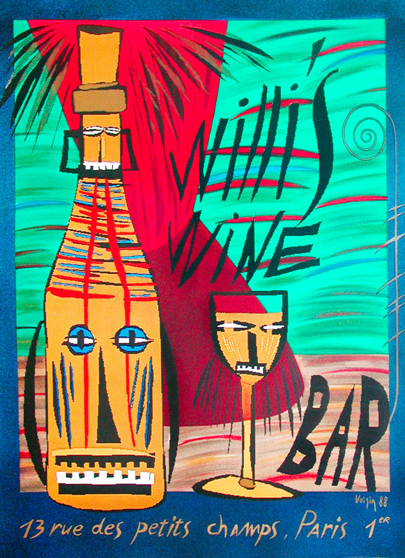 Tiki wine bottle and glass; green, yellow, brown