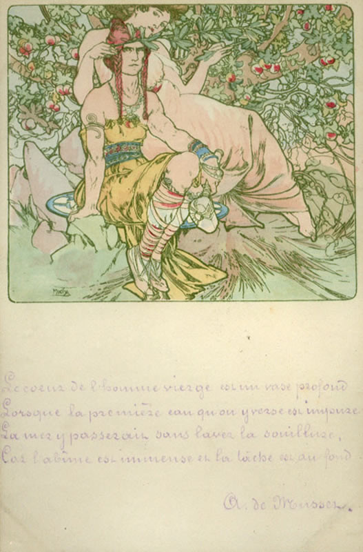 Man with braids and woman under fruit tree; green, pink, pastel