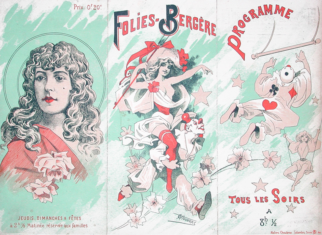 Clown with woman on shoulders flanked by portrait of Sarah Bernhard and clowns on swings; green, pink, red, pastel