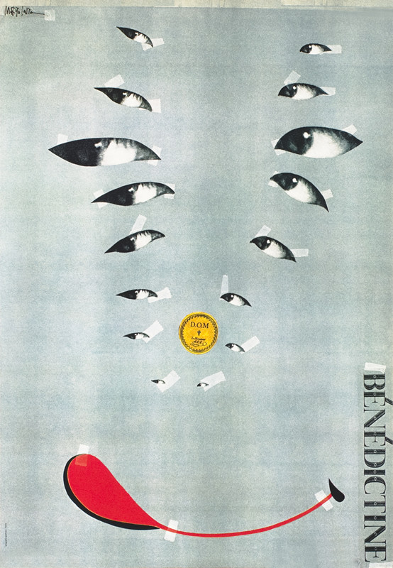 Multiple eyes with label for nose and red tongue; gray, red, orange