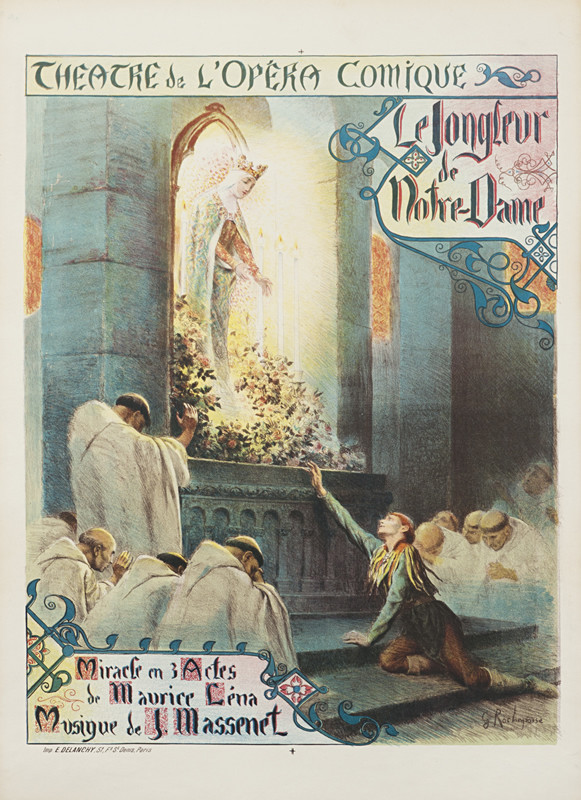 Juggler on steps reaches up to Madonna, monks at sides; brown, blue, gray