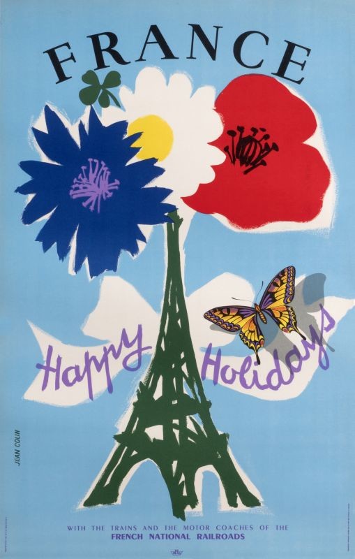Eiffel Tower with flowers and shamrock blooming, butterfly flying; red, blue, green