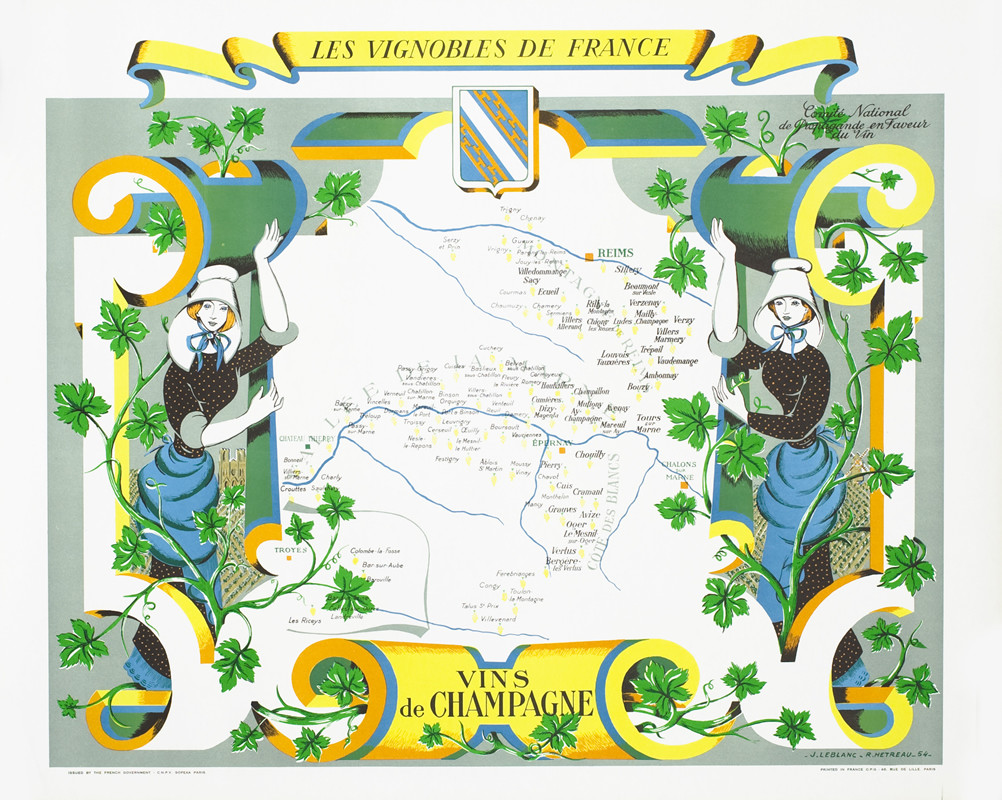 Map of Champagne region and rivers, women in historical dress to each side, vines, shields; blue, orange, yellow, green