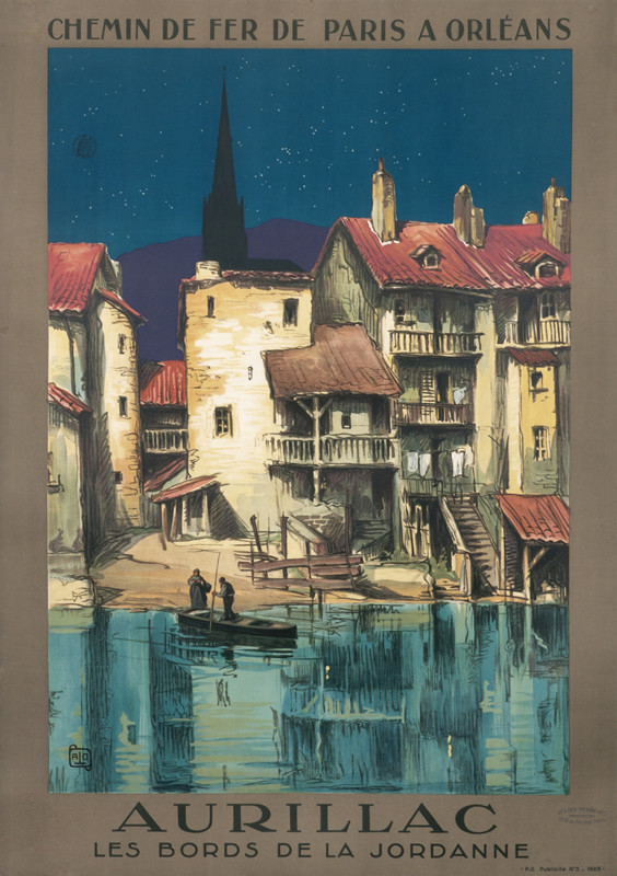 View of houses by river with mountains behind; green, yellow, blue