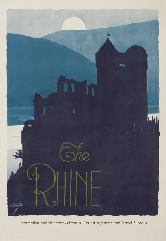 Castle in shadow in front of mountains; blue, black