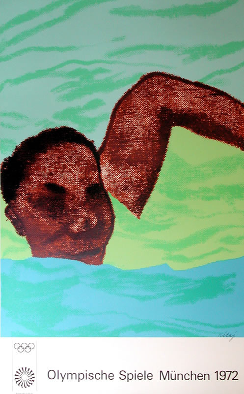Abstract swimmer in water; green, blue, brown