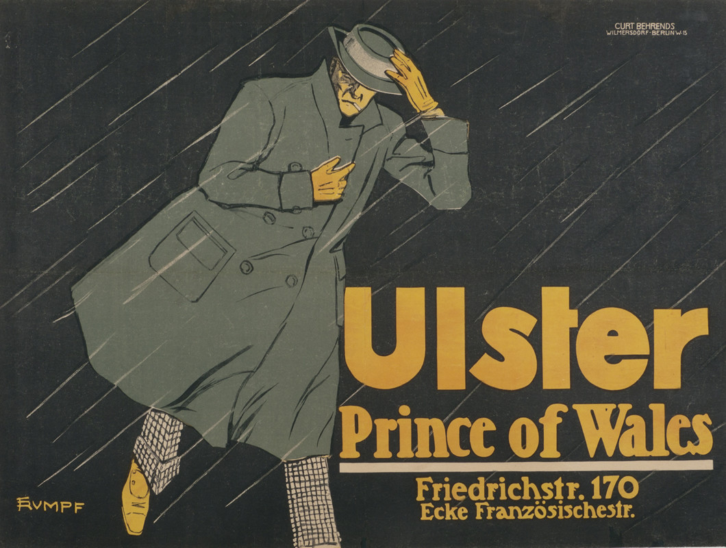 Man in trench coat struggles through wind and rain; black, orange, green