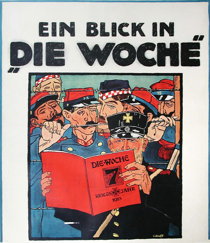 A group of soldiers in uniform are reading the magazine a view in the week behind barbed wire
