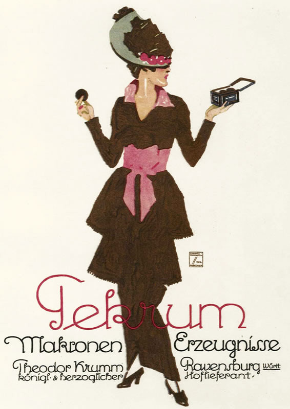 Elegant woman holds box of cookies in one hand with single cookie in the other; brown, pink