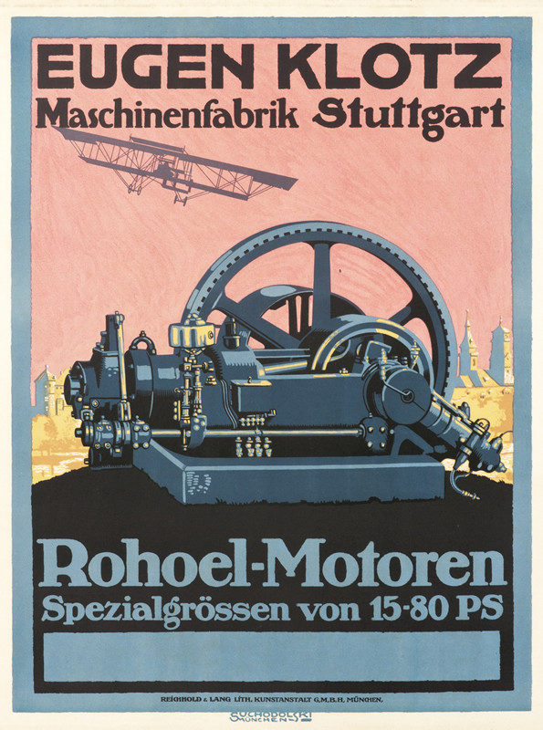 Engine motor, gears, airplane overhead; pink, gray, blue, pastel