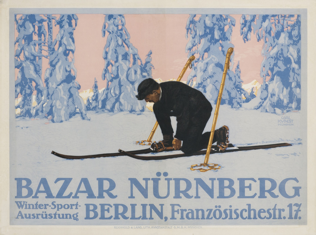 Man kneels to adjust his skis; blue, pink, pastel