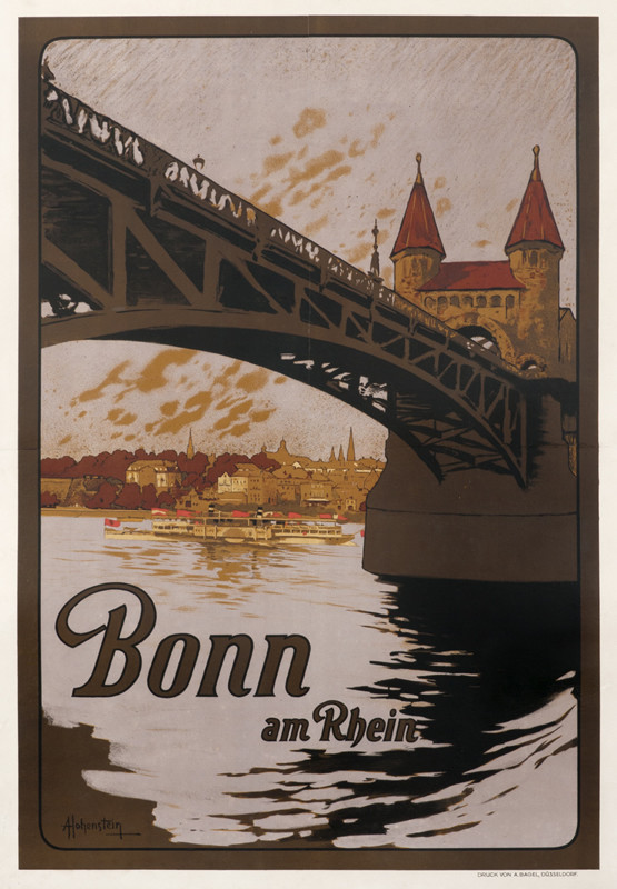 View of city and riverboat under bridge with turrets; brown