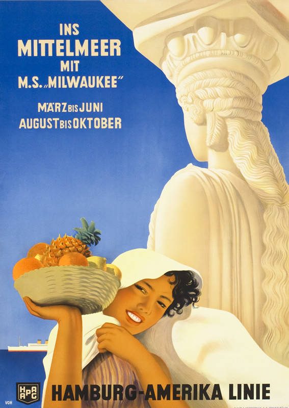 Girl with fruit backet, Erectheum caryatid column, ocean & liner; white, blue, beige