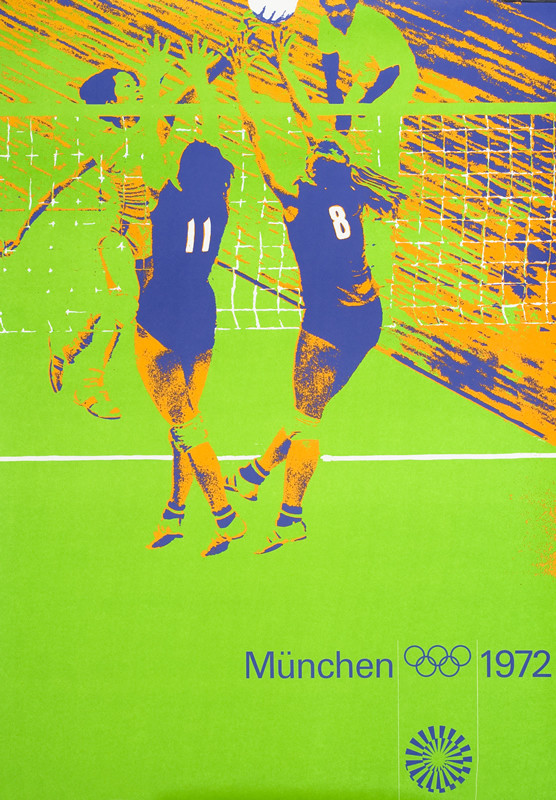 Women playing volleyball, referee looking on; green, purple, orange