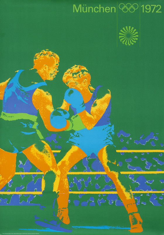 Men boxing in ring; green, orange